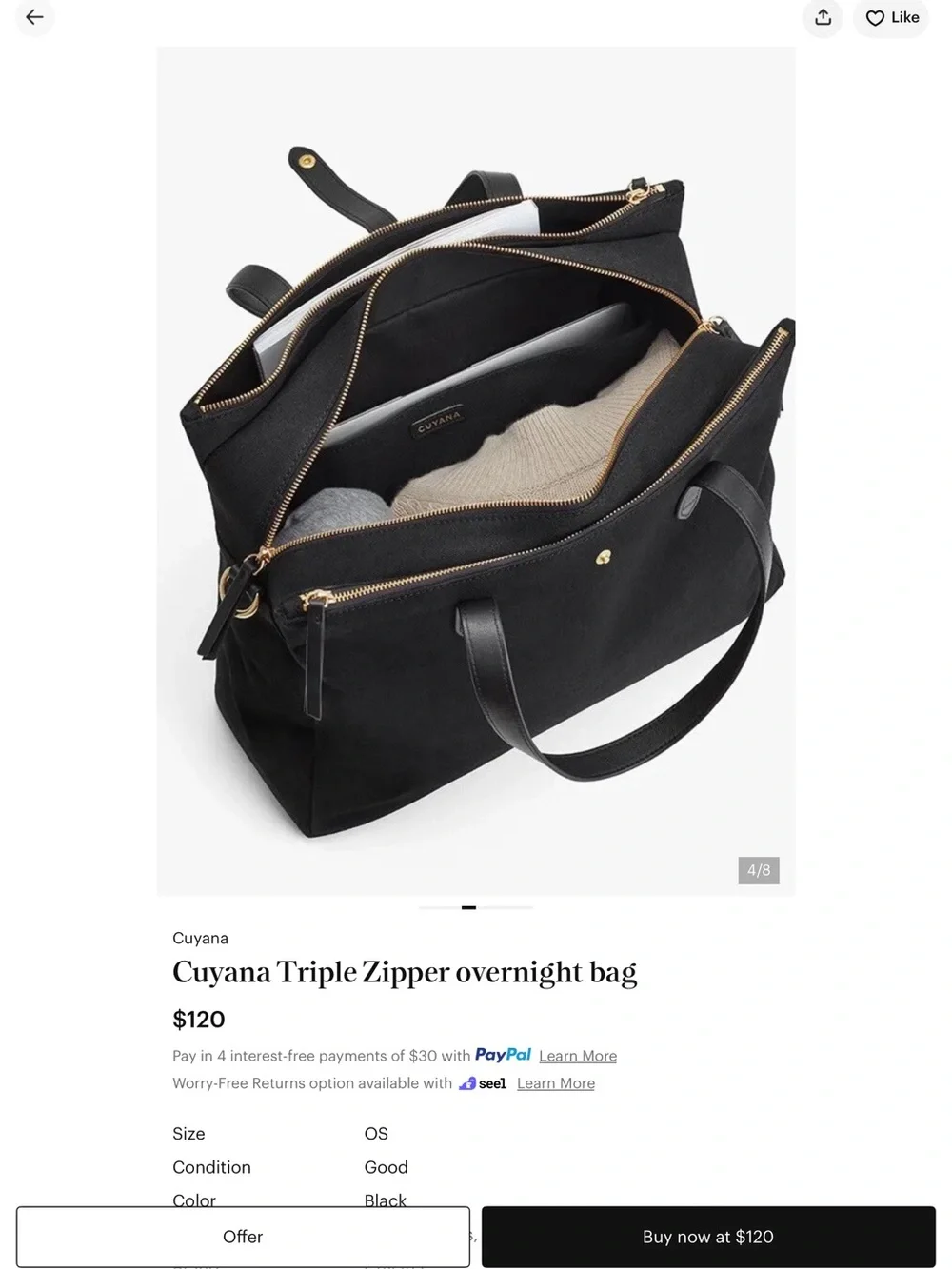 Cuyana Black Leather Triple Zipper Travel Tote with Gold Hardware Accents